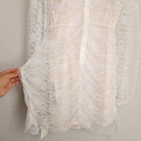 For Love and Lemons L Blanc Lourve Sheer Lace Sequin Long Sleeve Dress NWT - Picture 11 of 16